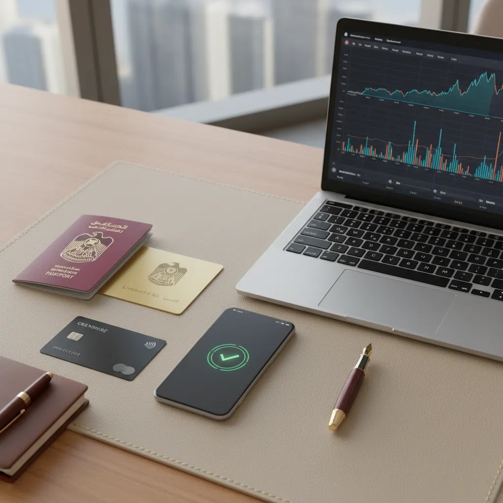 Open trading account UAE requirements with ID documents smartphone verification and laptop for how to buy stocks in UAE