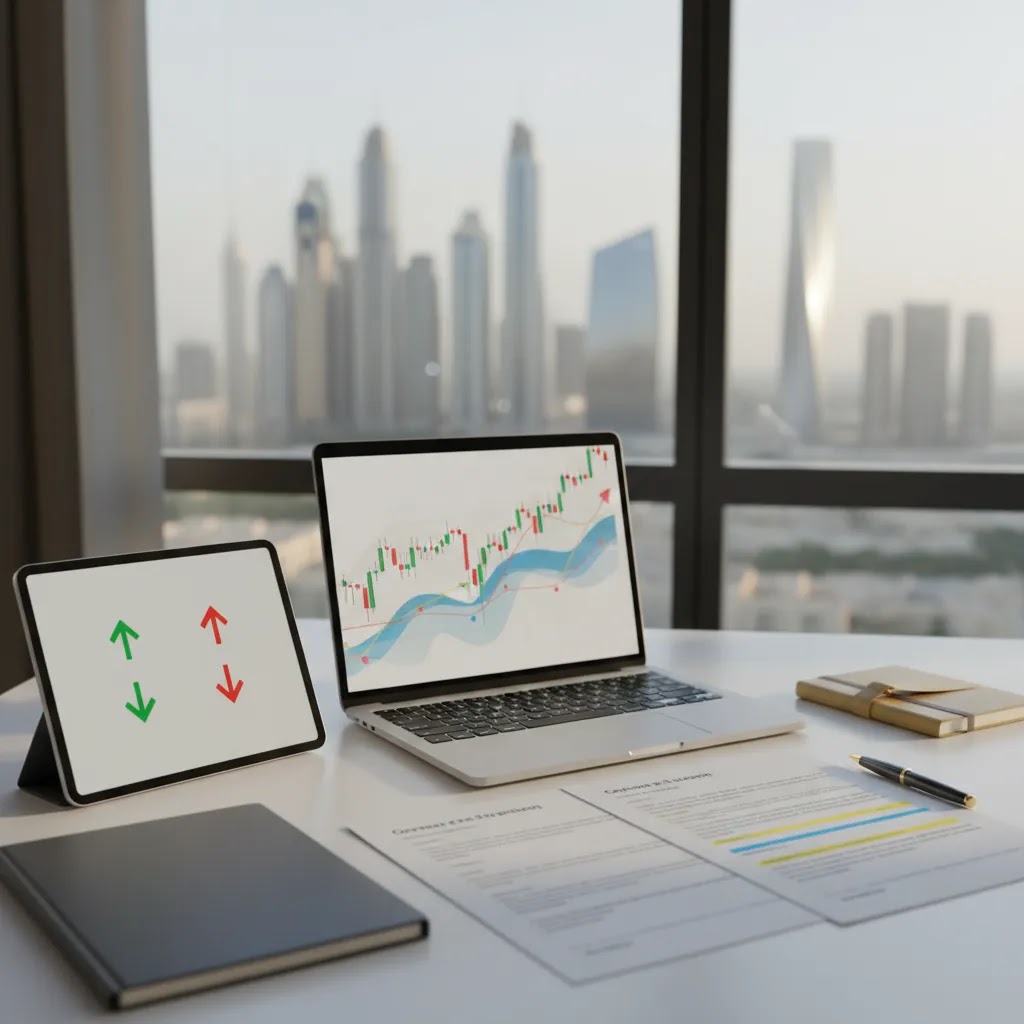 Options trading guide hero image showing a professional UAE trading desk with charts and contract documents