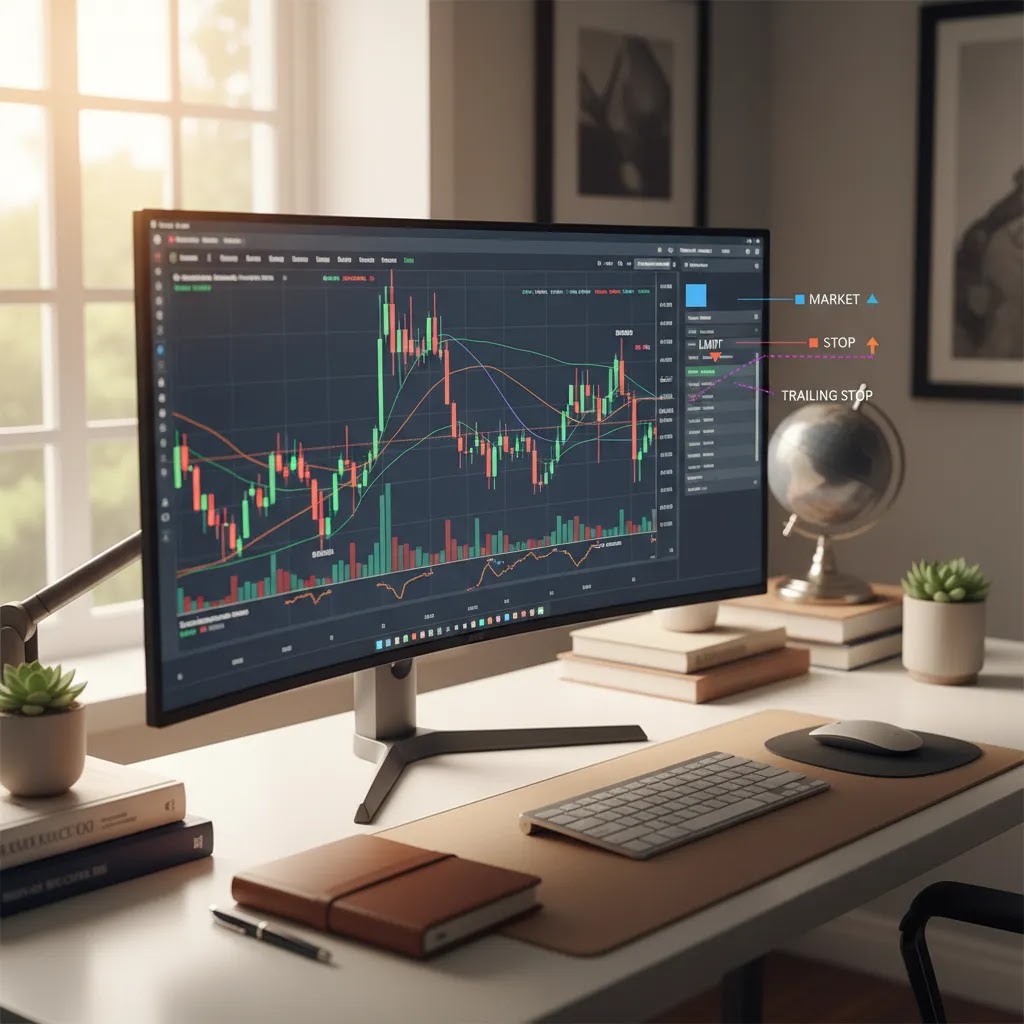 Order types trading guide hero image showing a professional trading setup with market, limit, stop, and trailing order concepts