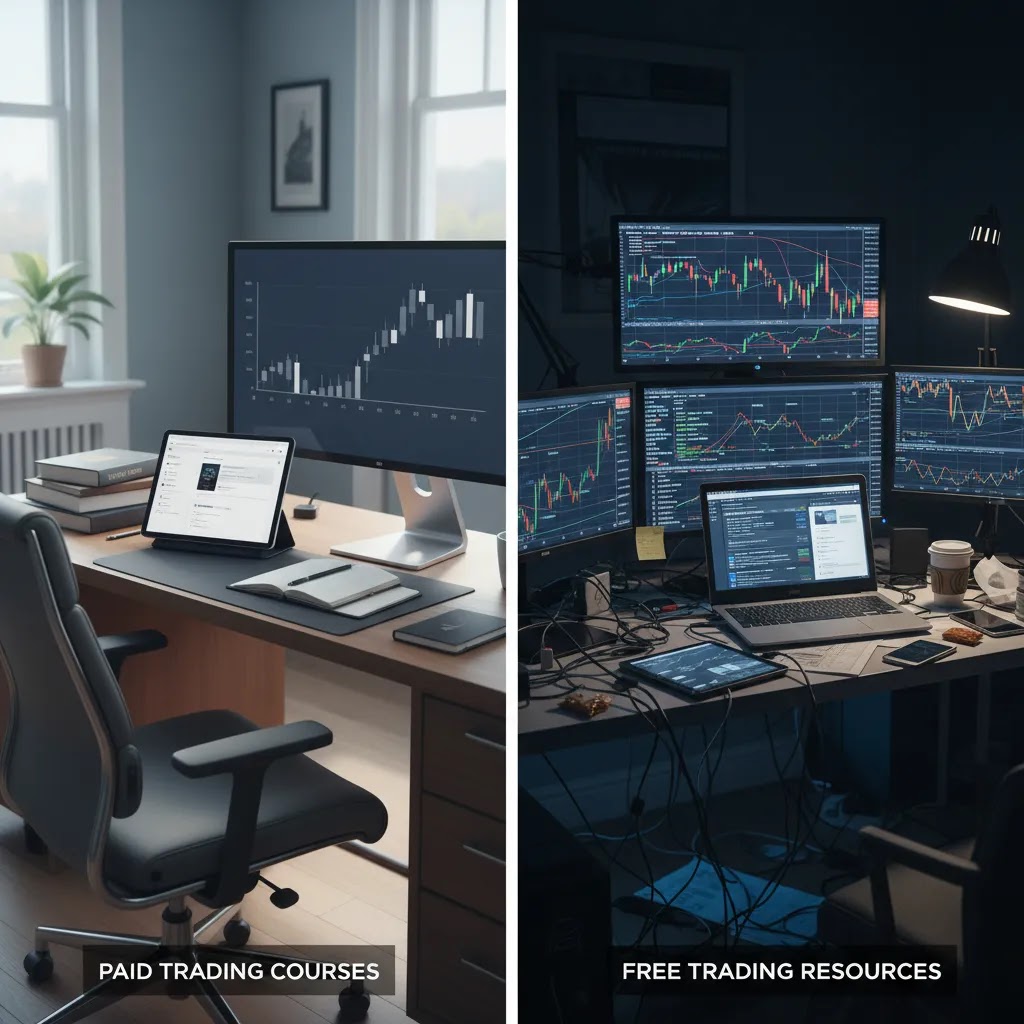 Paid vs free forex trading course setup comparing structured education with scattered free resources