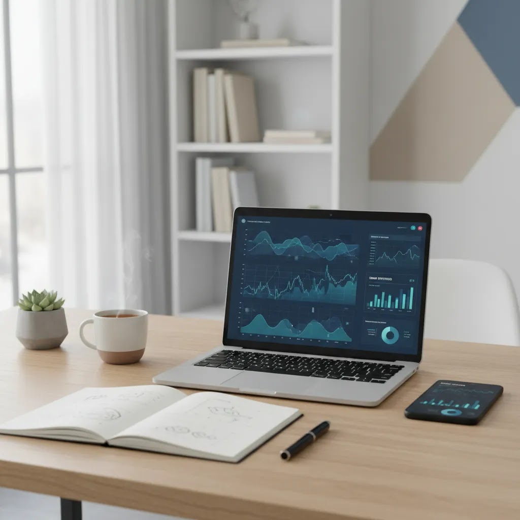 Paper trading workspace with demo account trading setup on laptop and phone for beginners