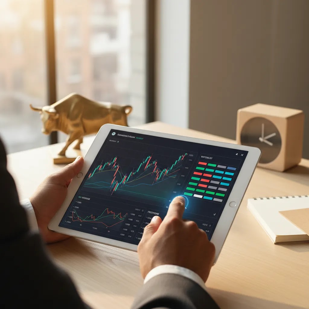 Paper trading meaning shown through a virtual trading dashboard on a tablet
