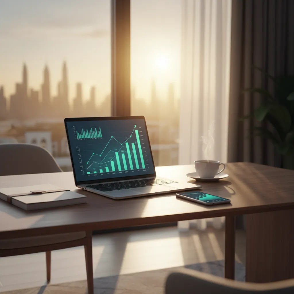Passive income ideas in UAE shown through a modern home finance setup with investment tools and Dubai skyline view