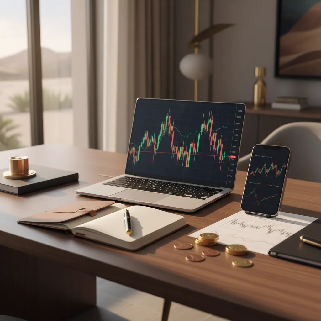 Penny stock risk and reward concept with trading screens and financial workspace