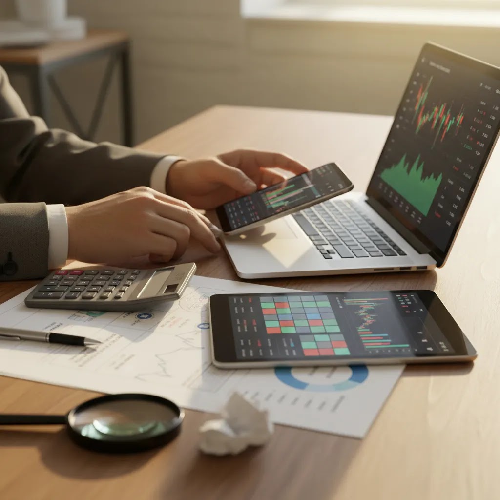 Penny stock trading setup with broker checks charts and market analysis tools