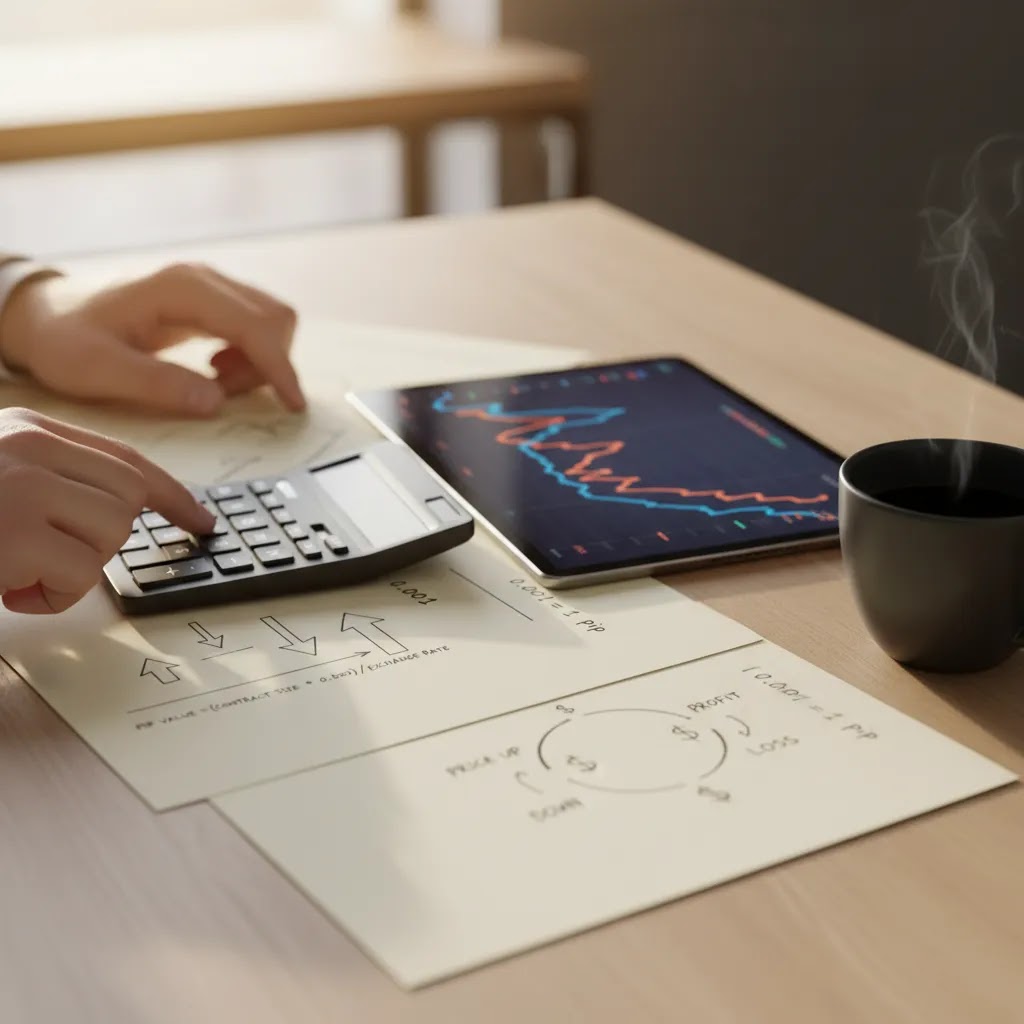 Pip value calculator concept with calculator and forex charts illustrating how much is a pip worth