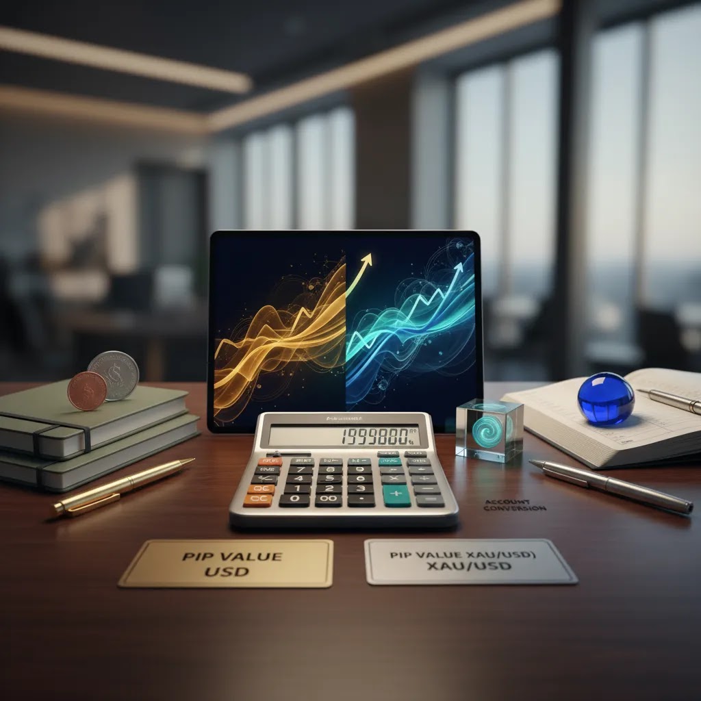 Pip value calculator example for USD and AED accounts with gold and forex market comparison