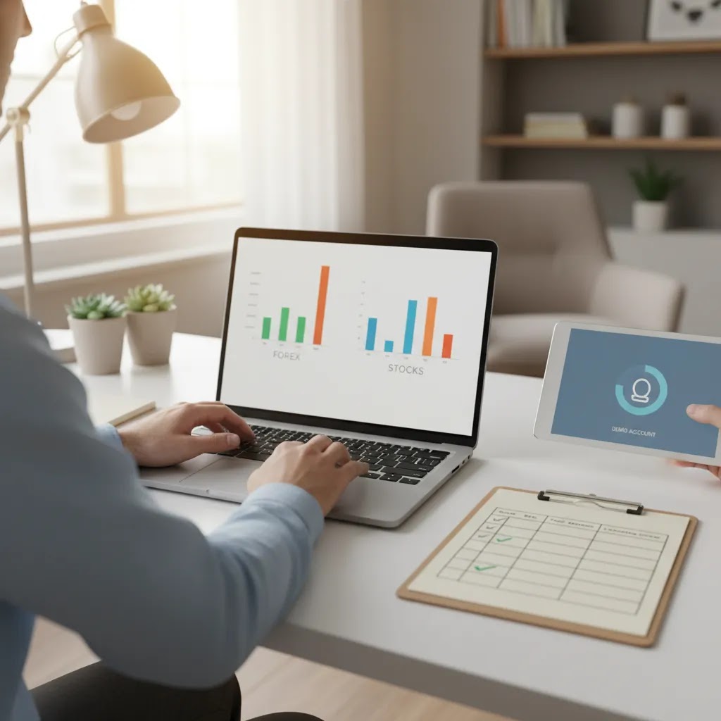 Platform for beginners checklist with laptop and tablet comparing forex, stocks, and demo account options