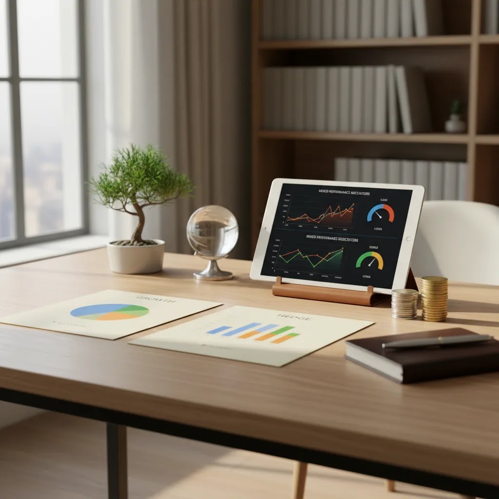 Portfolio protection and market crash preparation scene with diversified investment planning tools