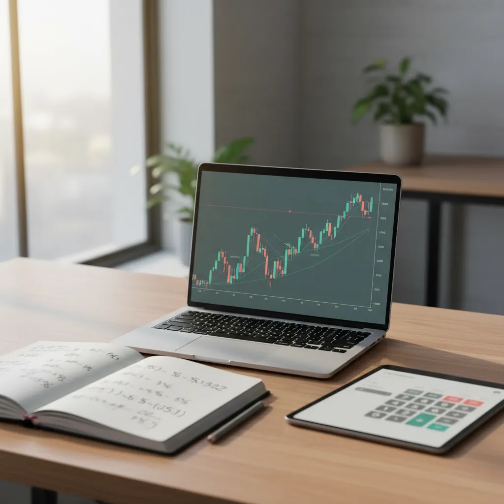 Position sizing guide showing a trader desk setup with chart, calculator, and risk management tools