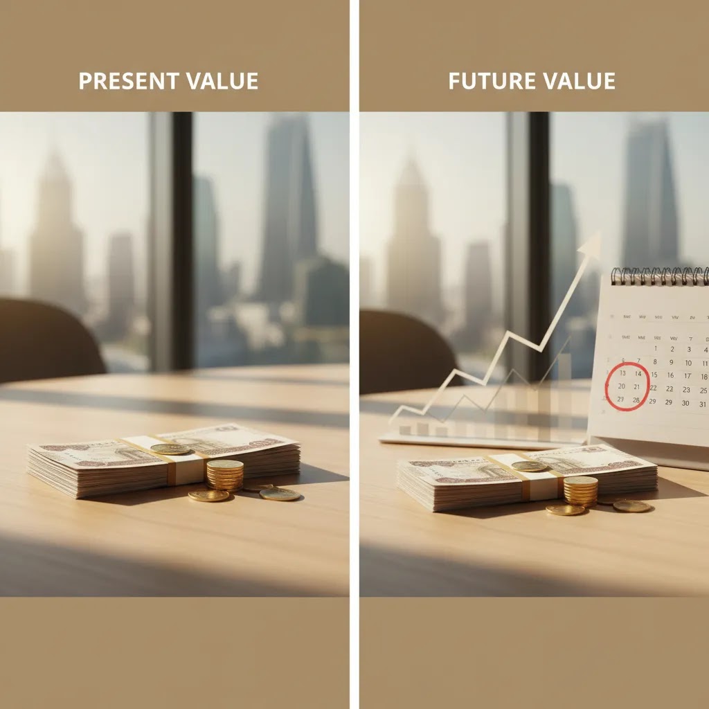 Time value of money explained through present value and future value comparison with dirham cash