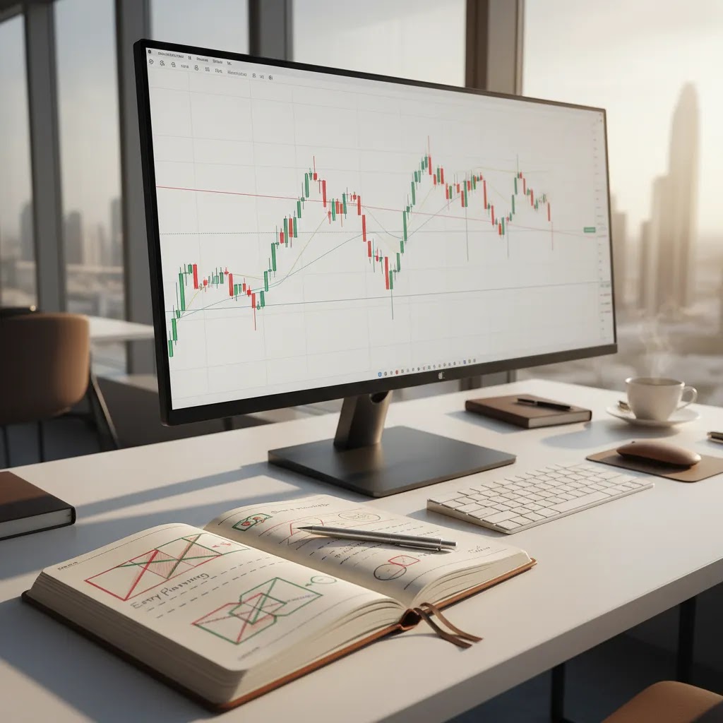 Price action forex trading scene with chart analysis and risk management planning on a professional desk