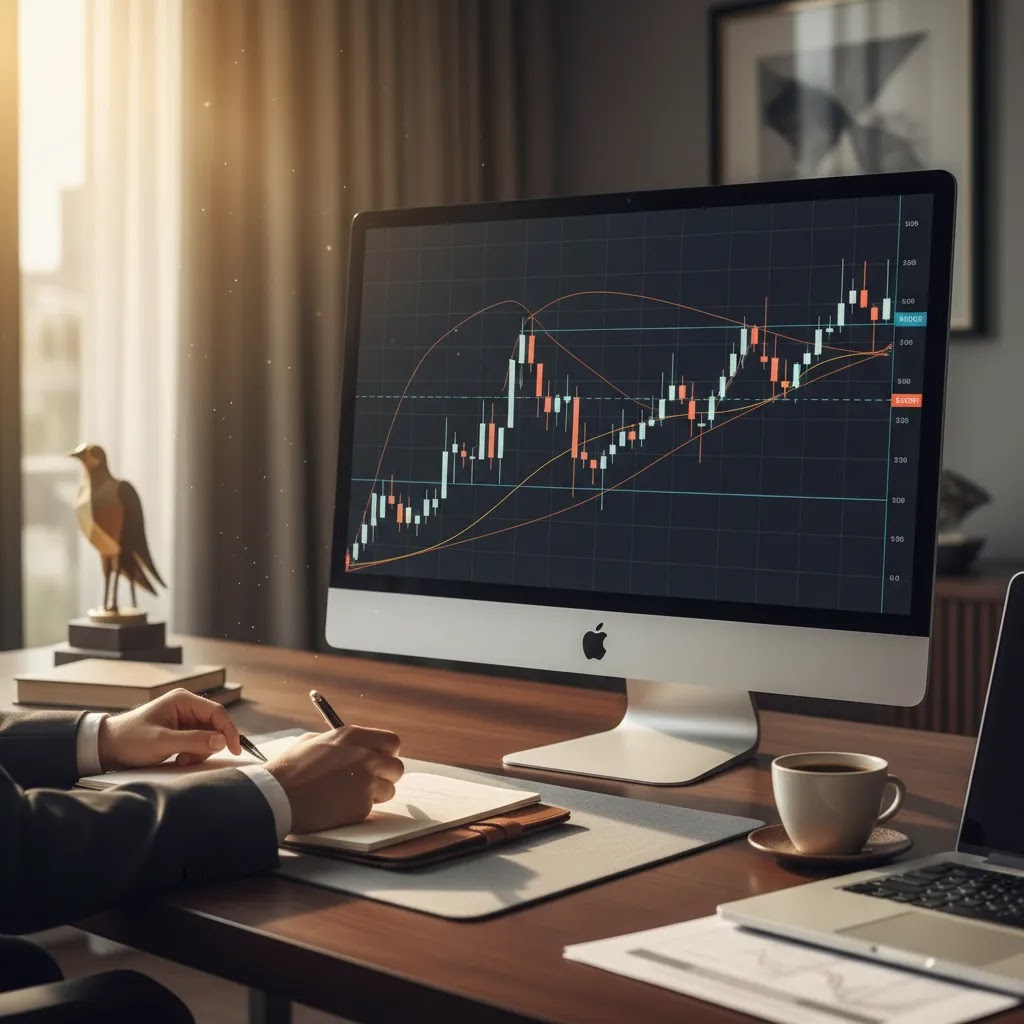 Price action trading hero image showing a clean candlestick chart with support and resistance in a professional trading workspace