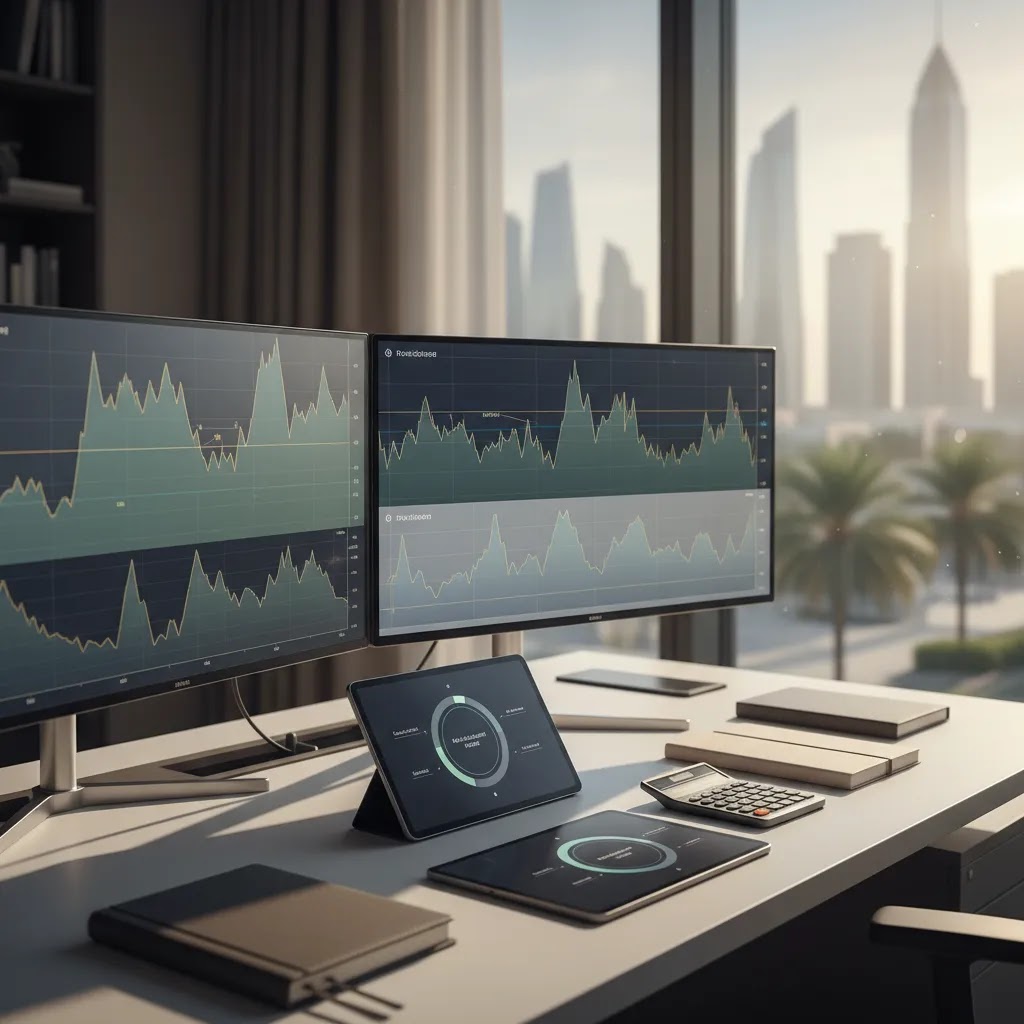 Prop trading hero image showing a funded trading account setup with market charts and risk management tools