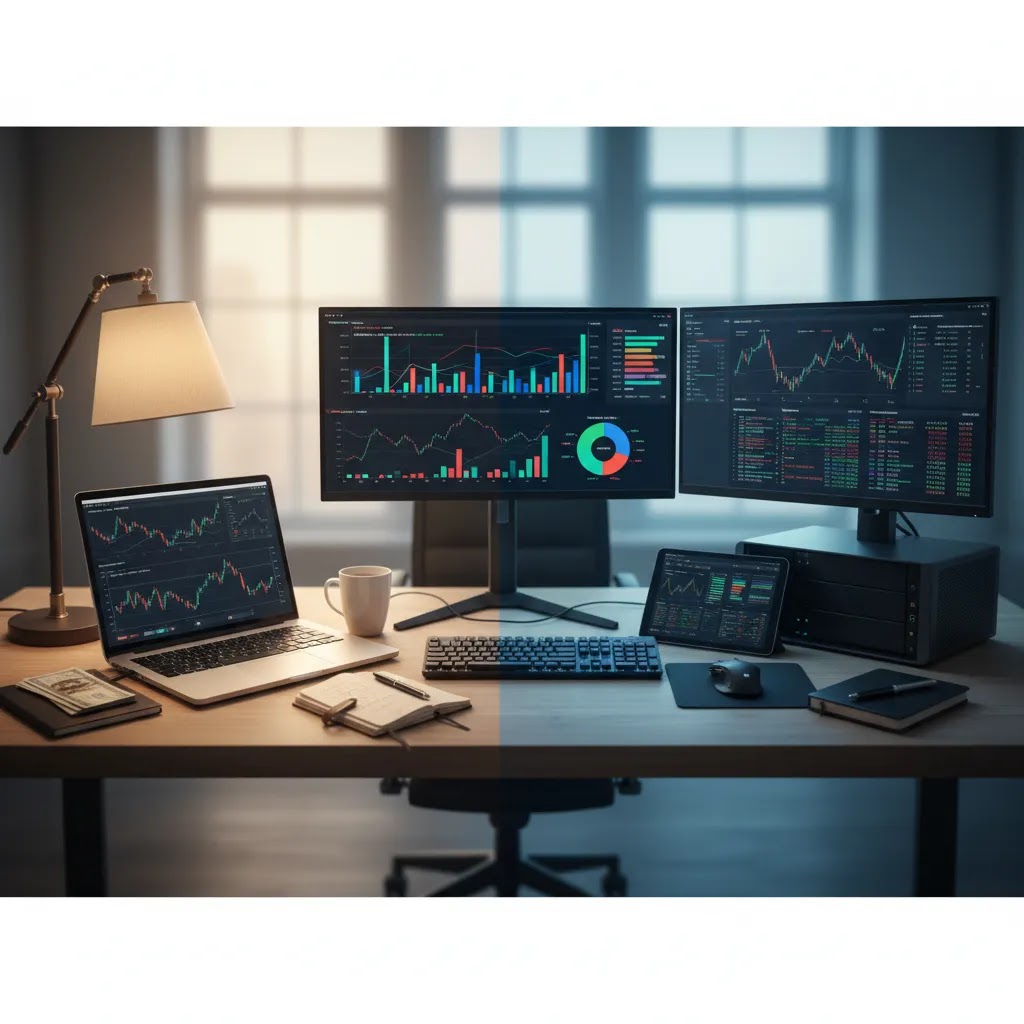 Prop trading vs retail trading comparison with personal account and funded trader workstation