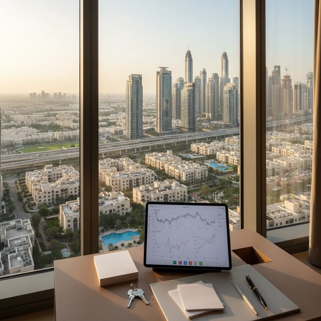 Property investment in Dubai apartment view showing skyline and beginner investor research setting