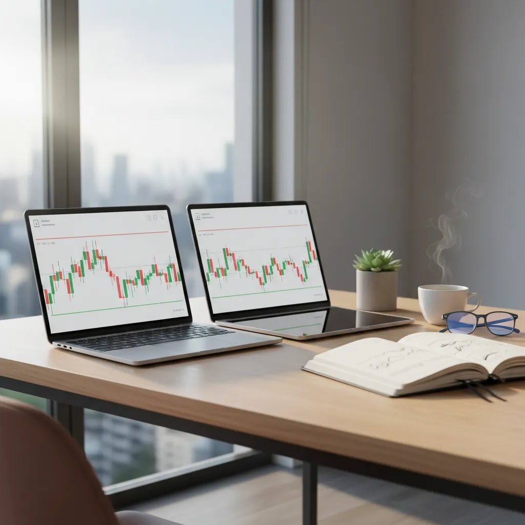 Range trading setup showing a sideways market with support and resistance on trading screens