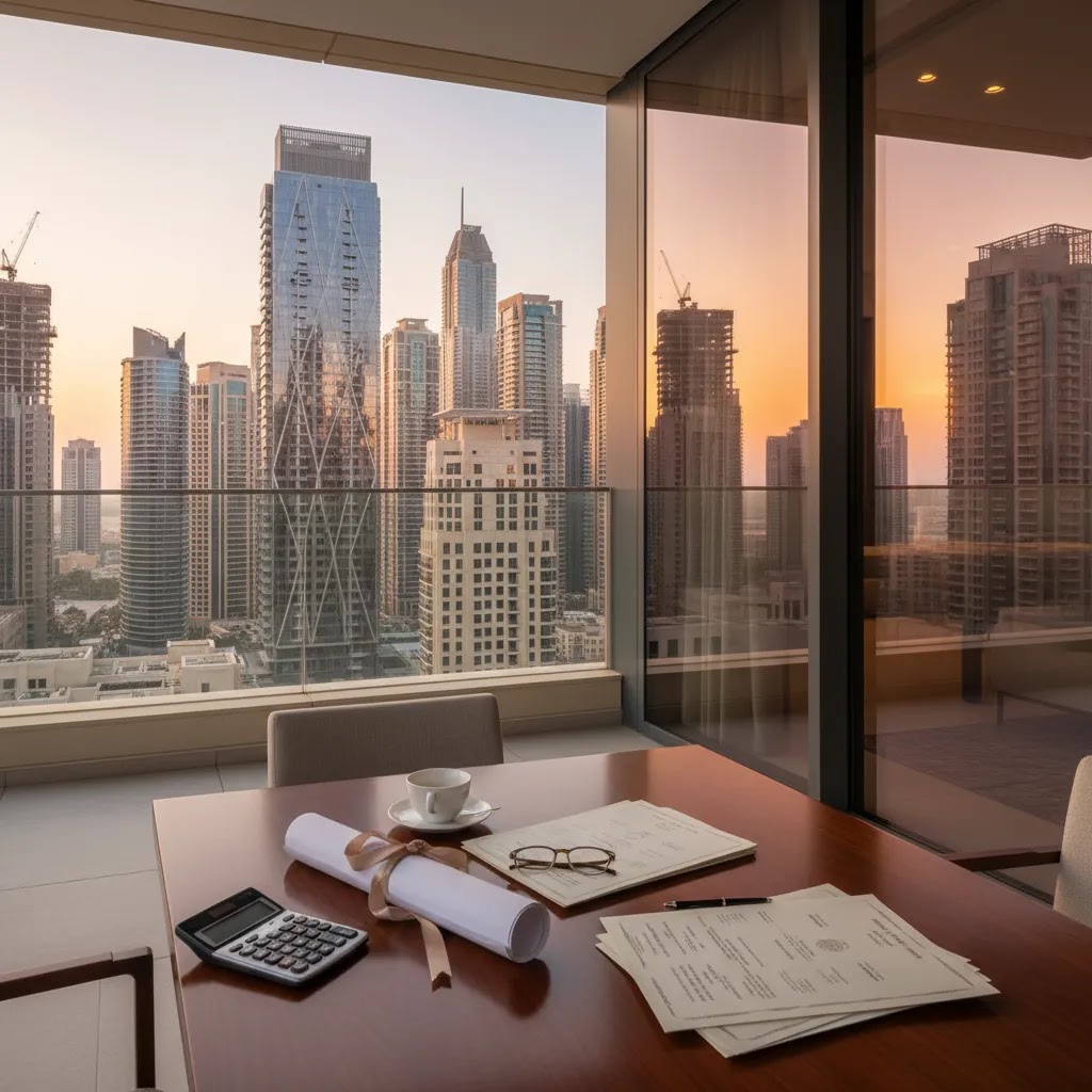 Real estate investment Dubai guide hero image with Dubai residential skyline and property research setup