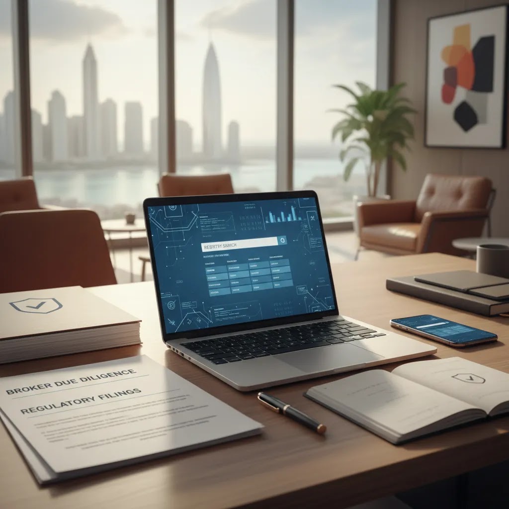 regulated broker UAE guide showing a professional broker regulation check setup with laptop documents and compliance checklist