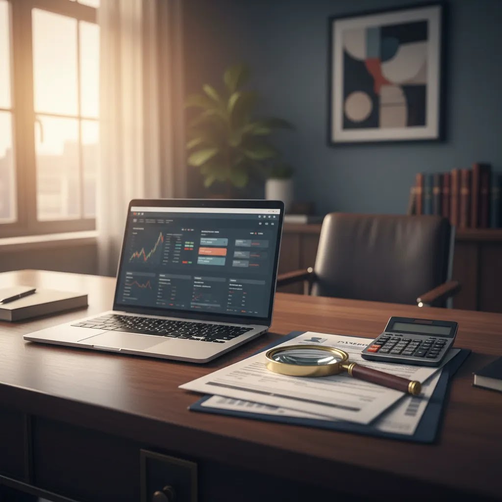 Regulation check for trading platform comparison with compliance documents, laptop, and verification tools