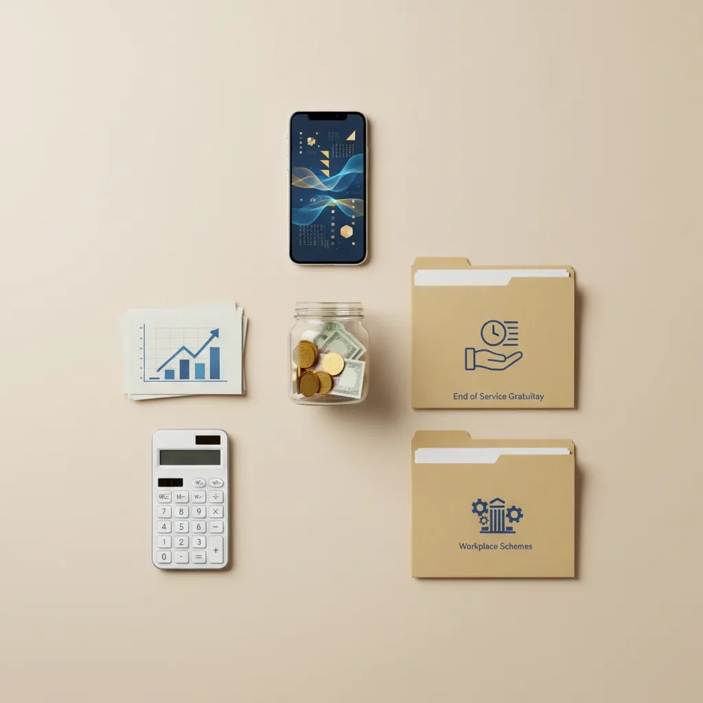 Retirement fund UAE planning with savings, investments, and workplace scheme visuals