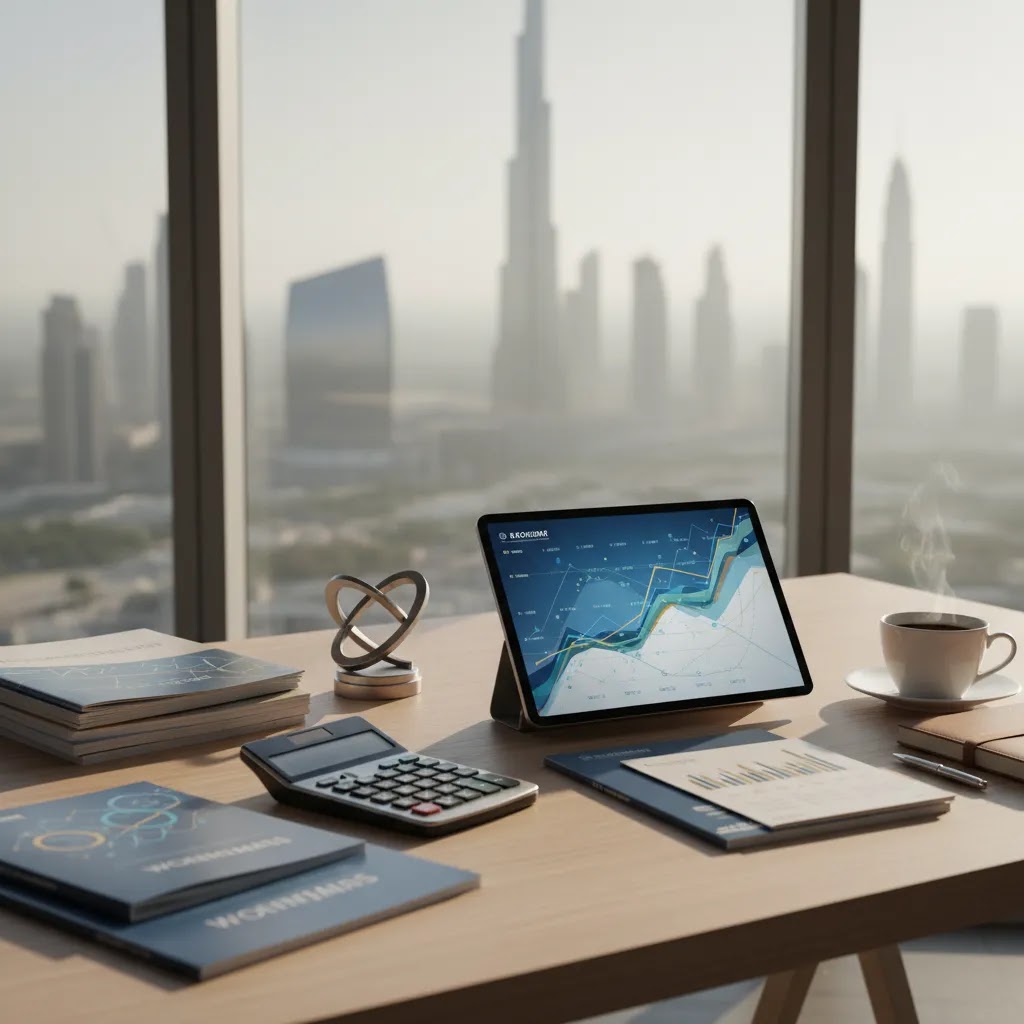 Retirement planning UAE guide with financial documents, calculator, and Dubai skyline