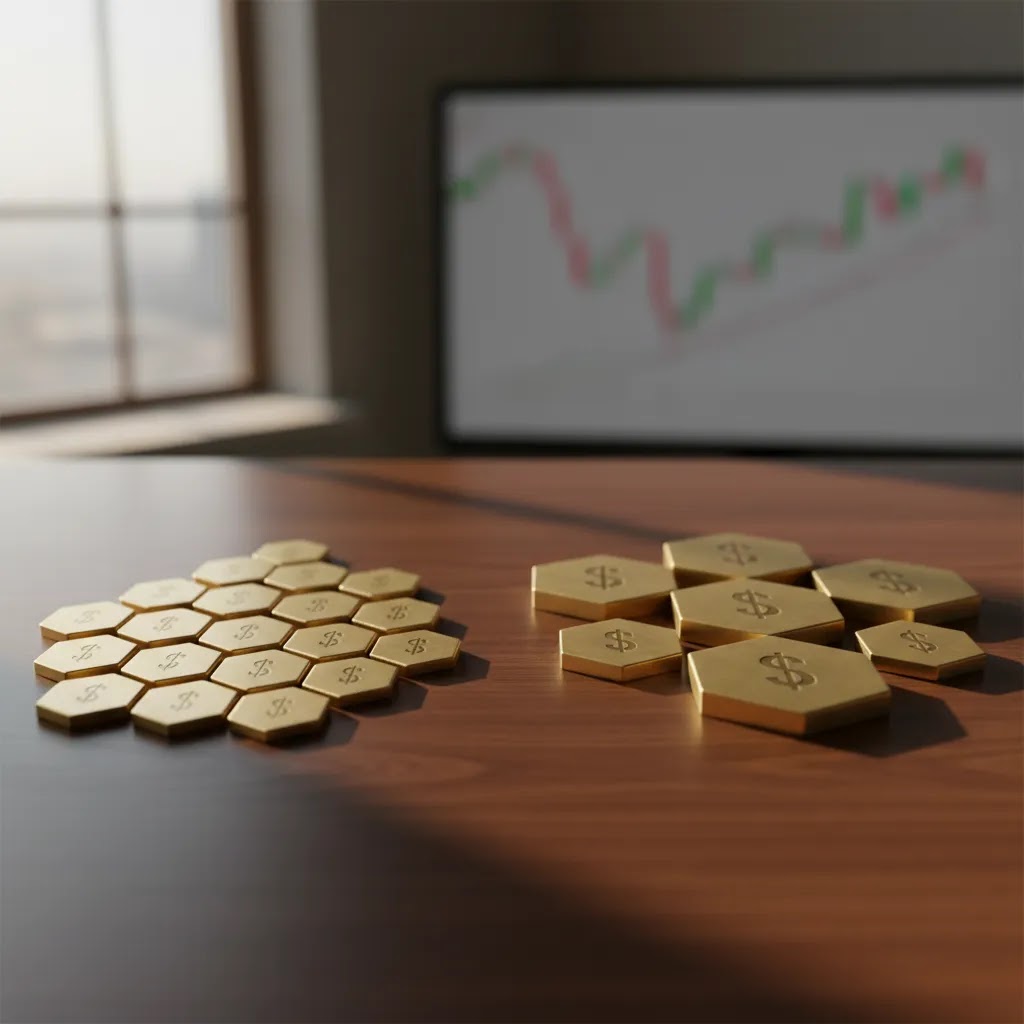 Reverse stock split comparison image showing fewer higher priced shares versus a standard stock split