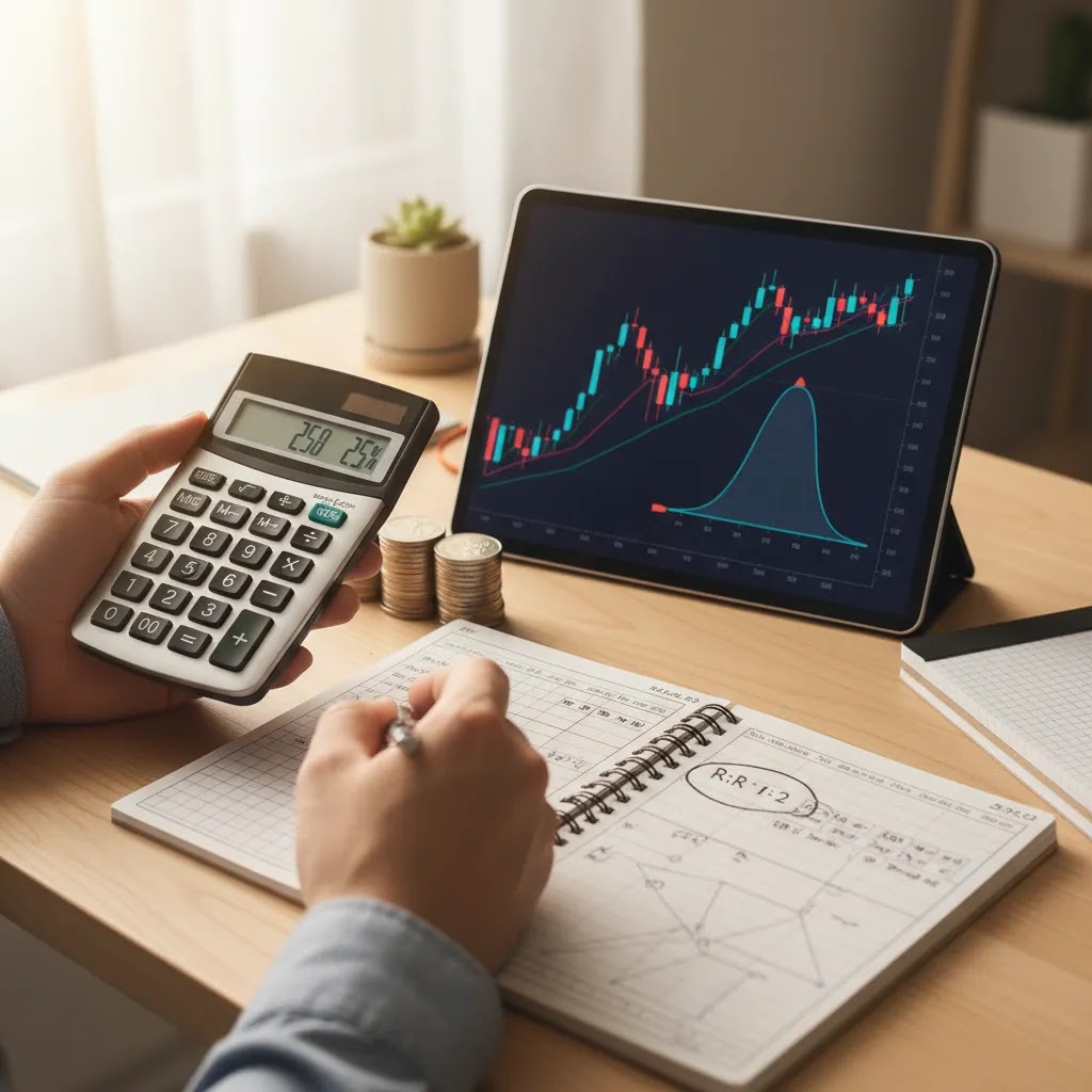 Risk based position sizing concept with calculator, trading journal, and market chart