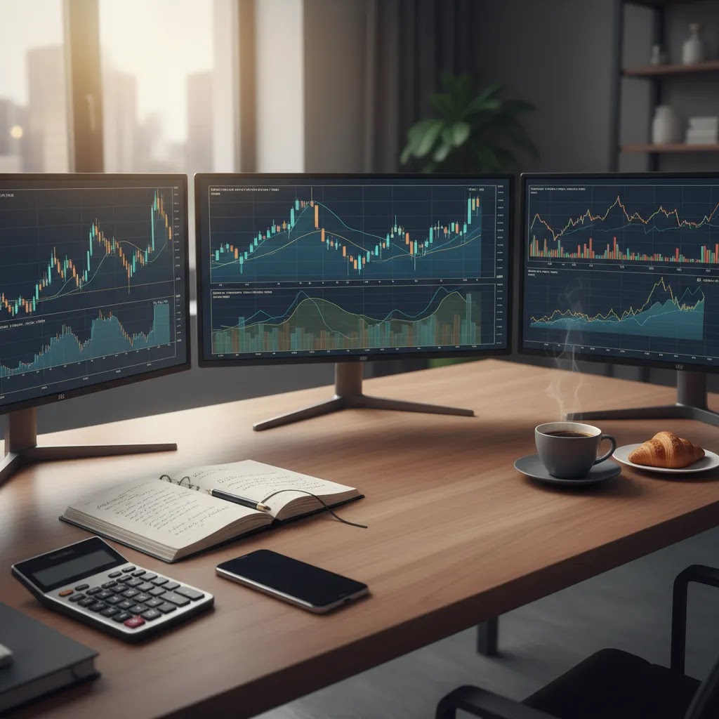 Risk management trading workspace with charts, calculator, and planning tools for capital preservation