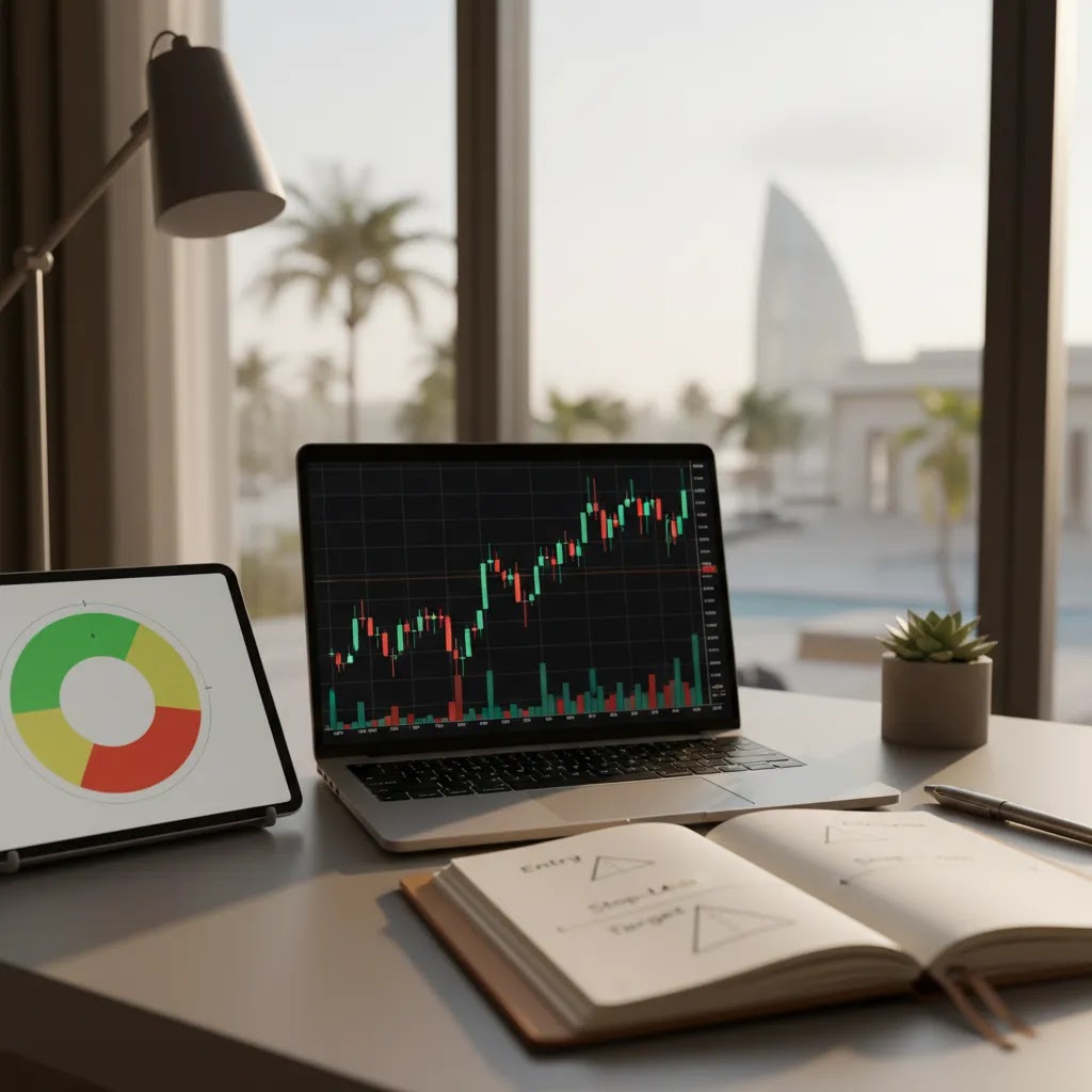 Risk reward ratio illustrated on a professional trading desk with charts and stop loss target planning