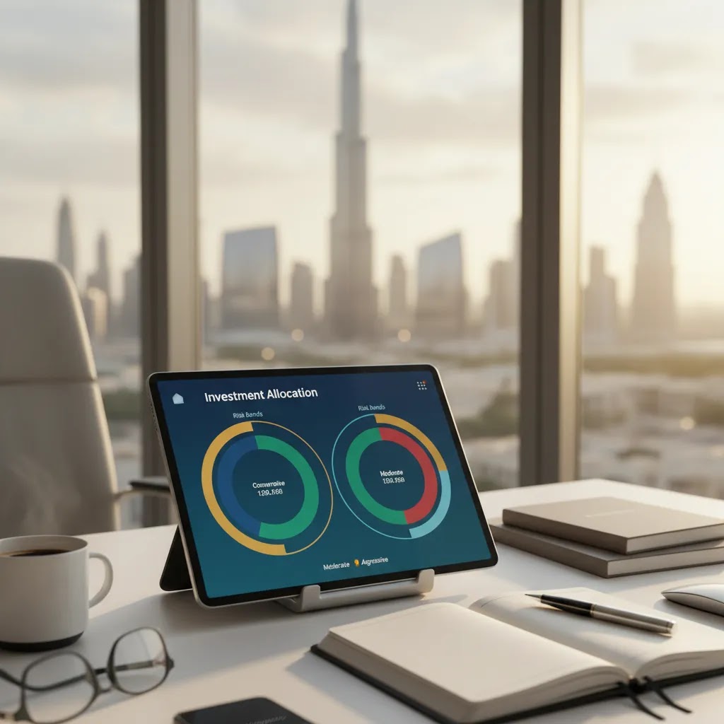Risk tolerance investor profile planning scene for UAE investors reviewing portfolio risk assessment