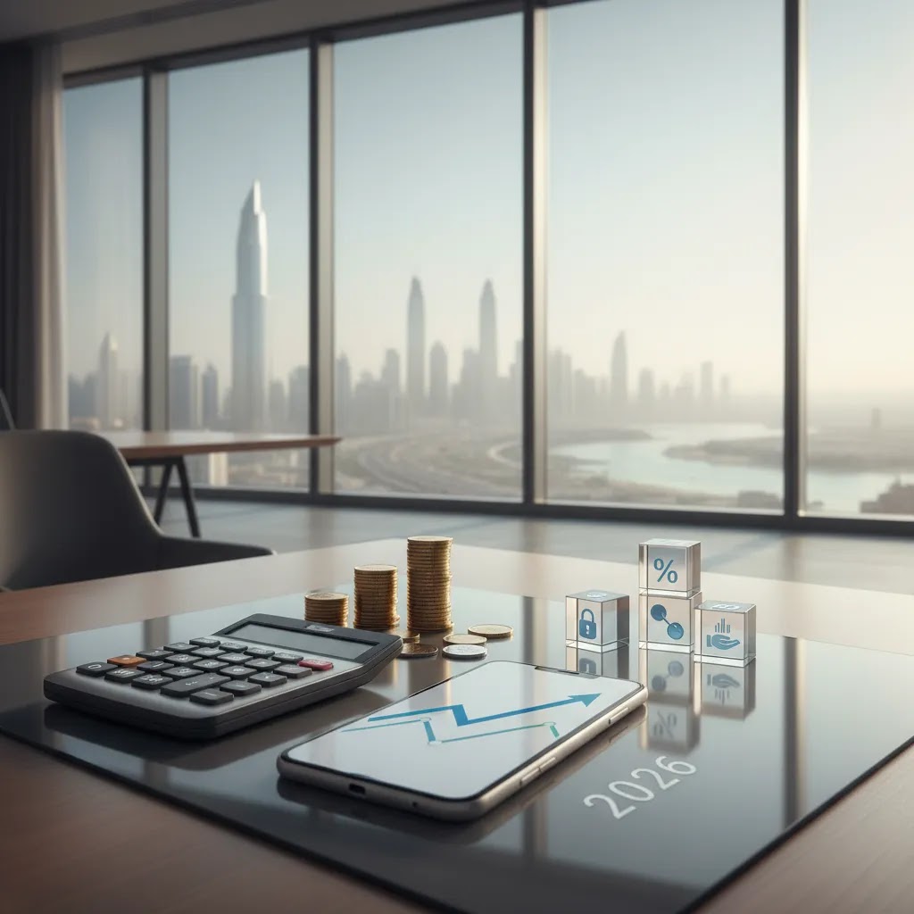 savings account uae comparison scene with calculator, smartphone and savings planning desk in a modern UAE office