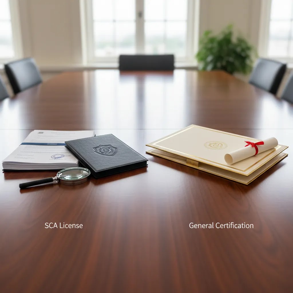 SCA license vs certification comparison visual for understanding sca uae broker verification