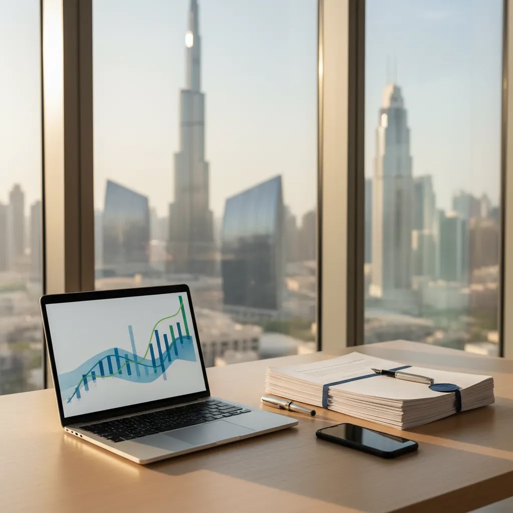 SCA UAE securities regulation concept with financial documents and trading workspace in a professional UAE office