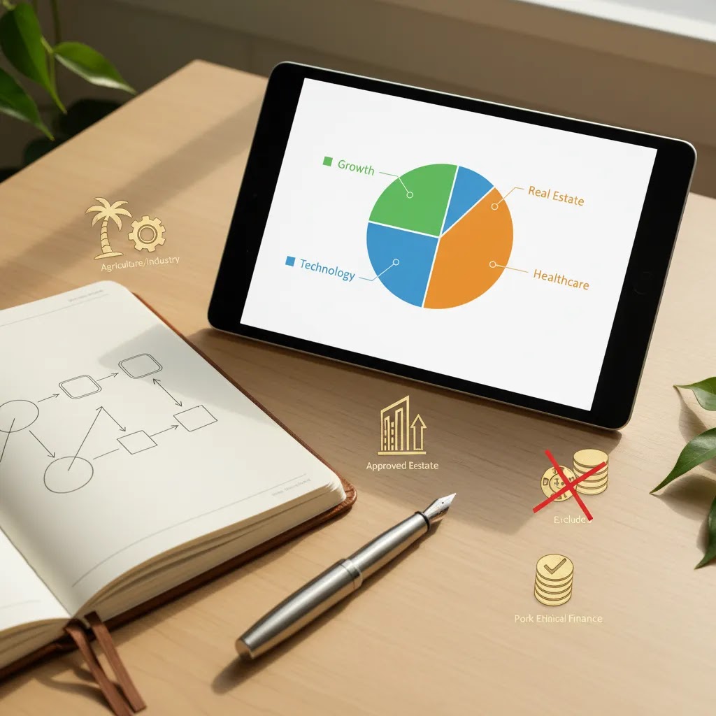 Shariah screening for halal investment options with sector analysis and disciplined portfolio planning