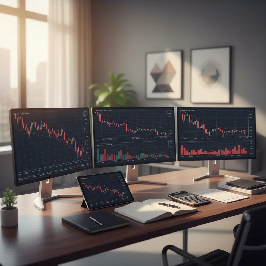 Short selling concept shown on a professional trading desk with falling market charts and risk analysis tools