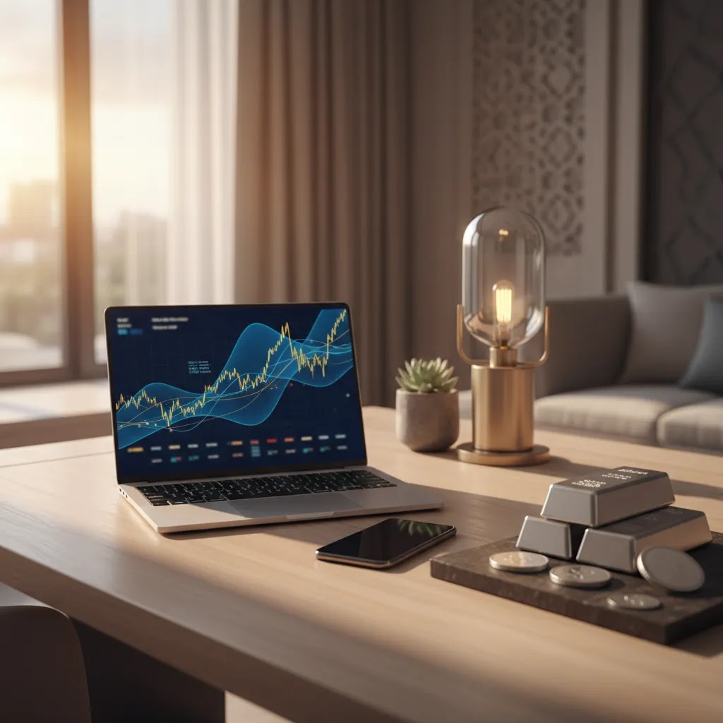 Silver ETF guide showing digital investing setup with silver bars for easy silver ETF exposure