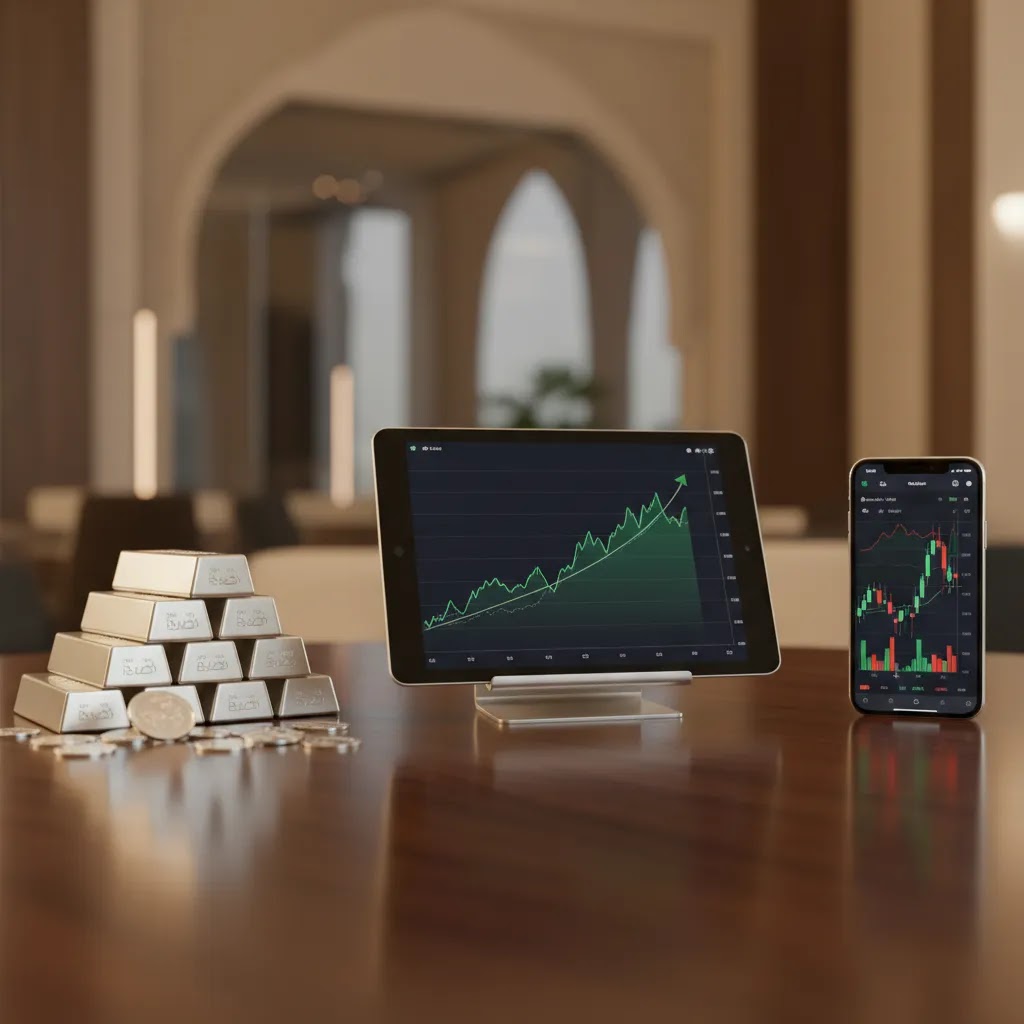 Silver investment options in UAE showing physical silver, silver ETF concept, and silver CFD trading setup