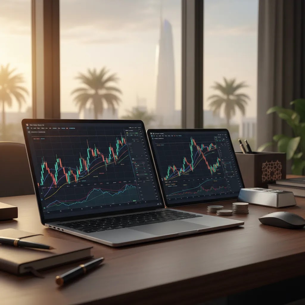 Silver price chart UAE market analysis setup showing digital trading screens and physical silver assets