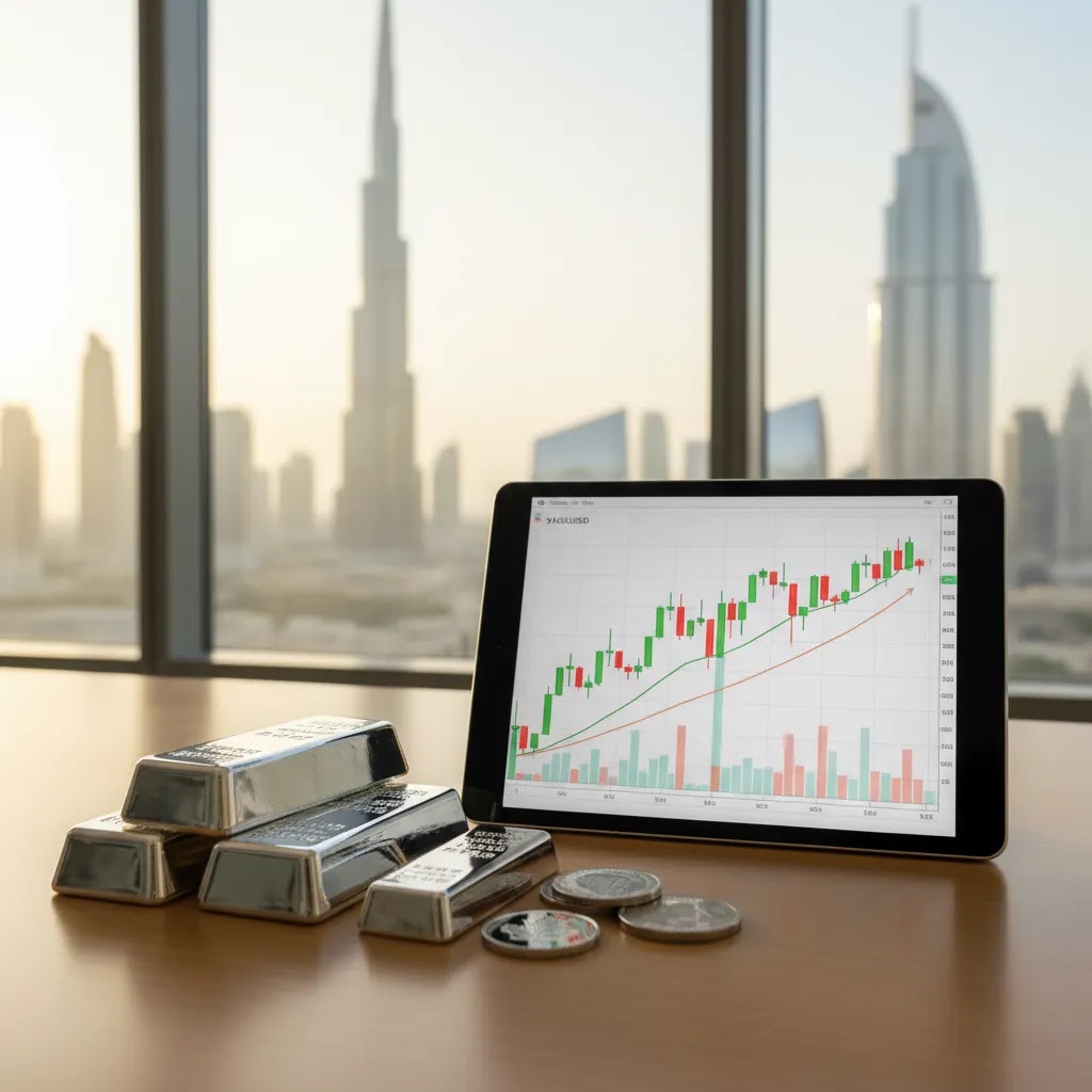 Silver price UAE guide hero image with silver bars, coins, and market chart in a premium Dubai financial setting