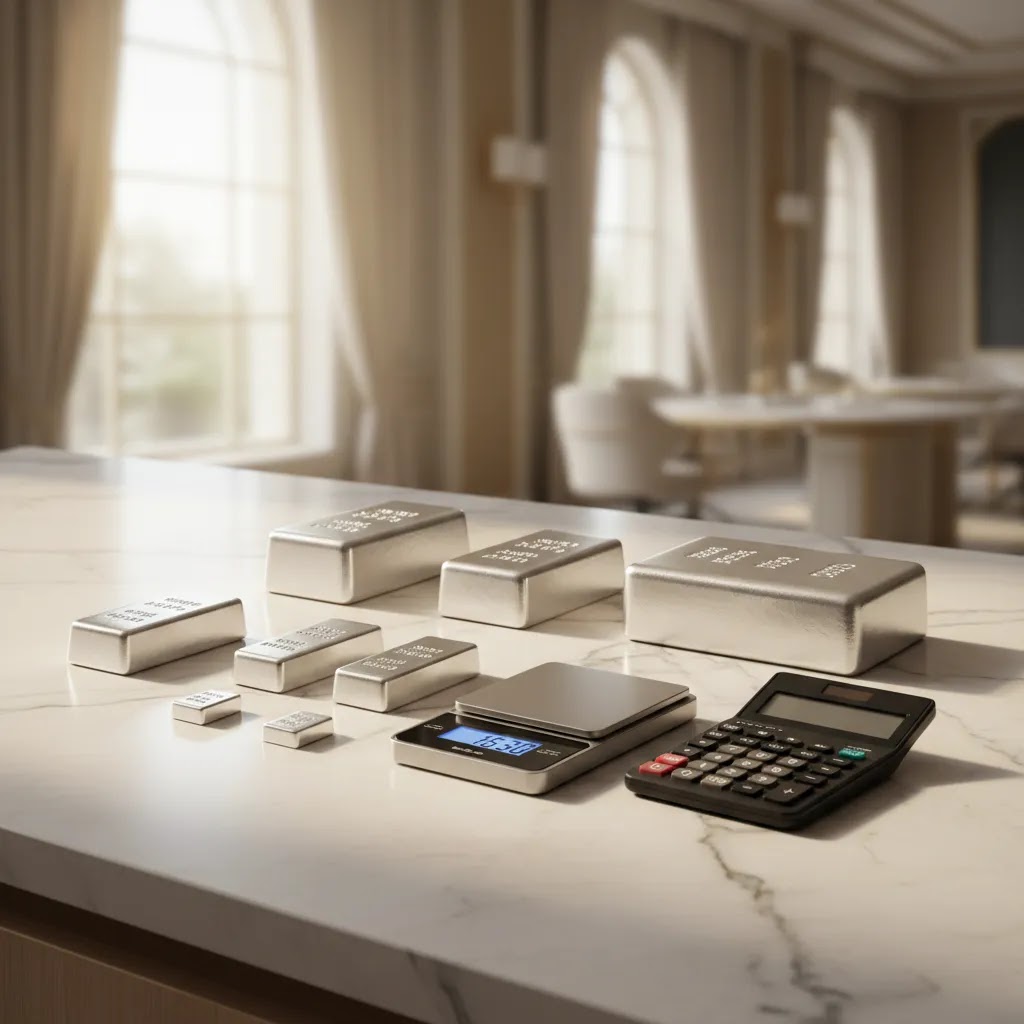 Silver rate in Dubai visual with silver bars, coins, and measuring tools for silver price in UAE