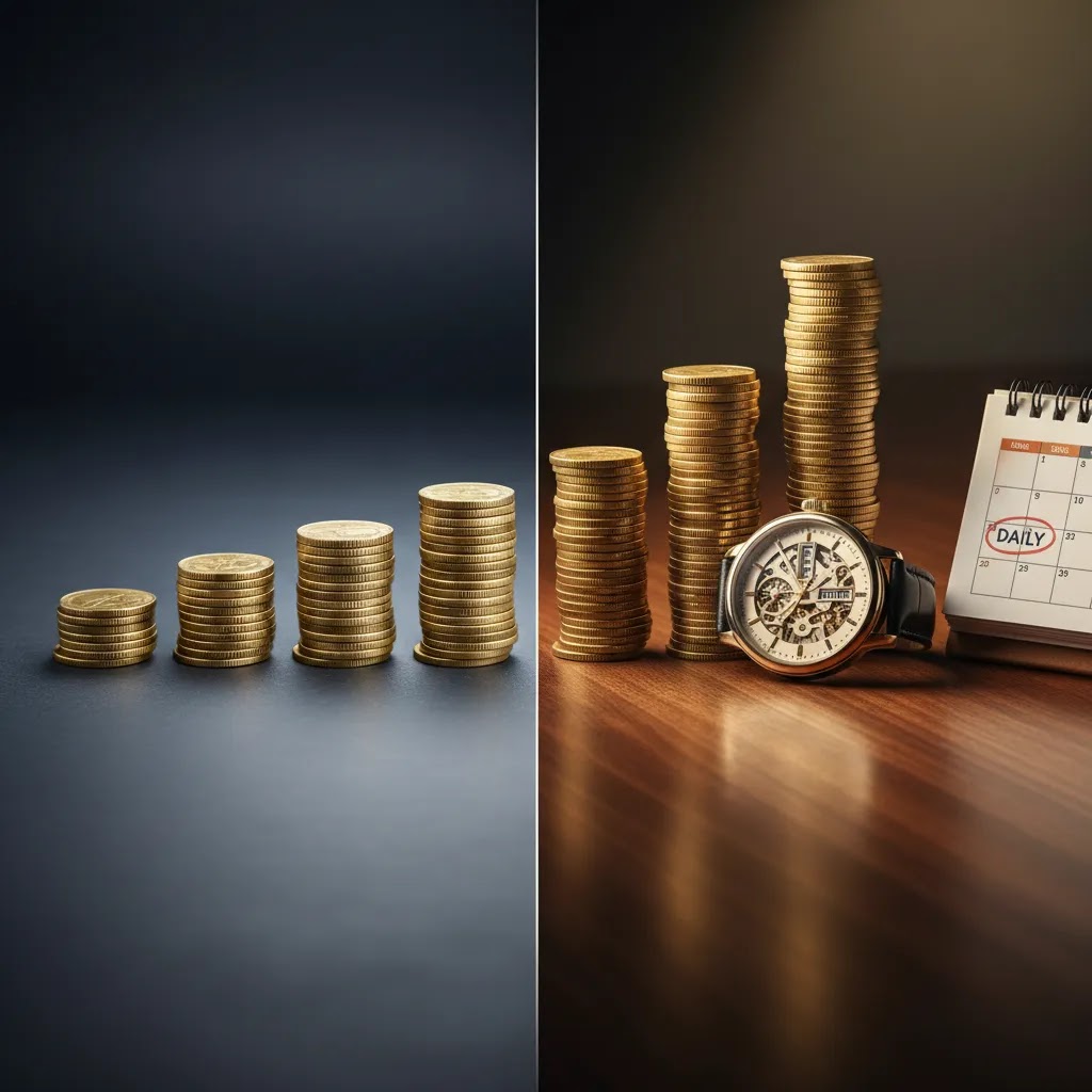 Simple vs compound interest comparison with daily compounding growth shown through coin stacks