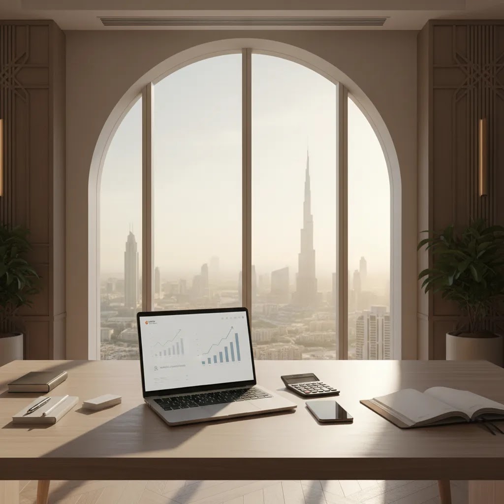 sip investment uae concept showing a monthly investment planning desk in a modern UAE setting