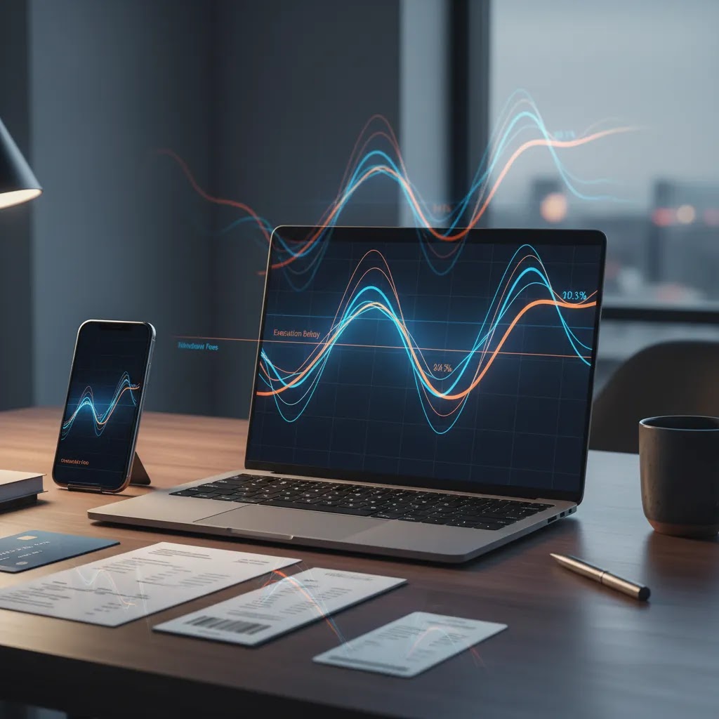 Slippage and hidden trading fees illustrated with trading platform, payment card, and execution setup