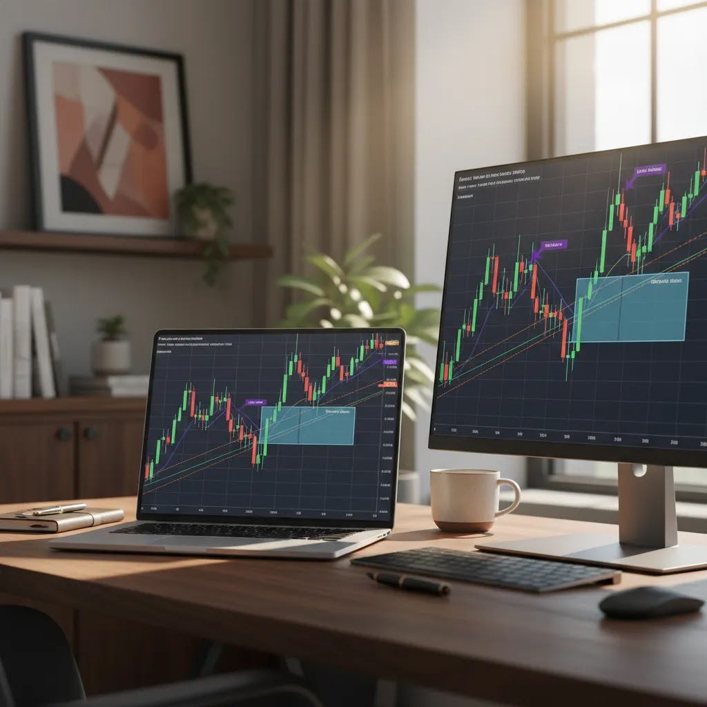 Smart money concepts trading desk with charts showing market structure, order flow, and liquidity zones