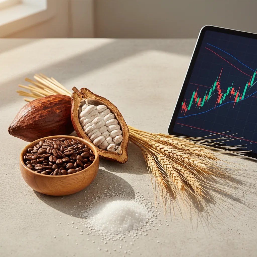 Soft commodities trading guide showing coffee cocoa wheat and sugar with market chart for UAE traders