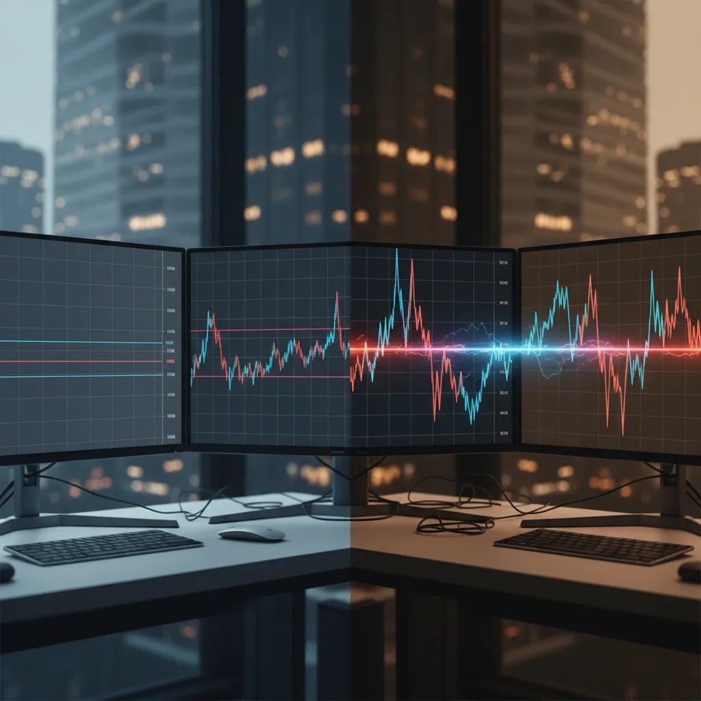 Spread comparison showing fixed spread and variable spread behavior during calm and volatile forex markets