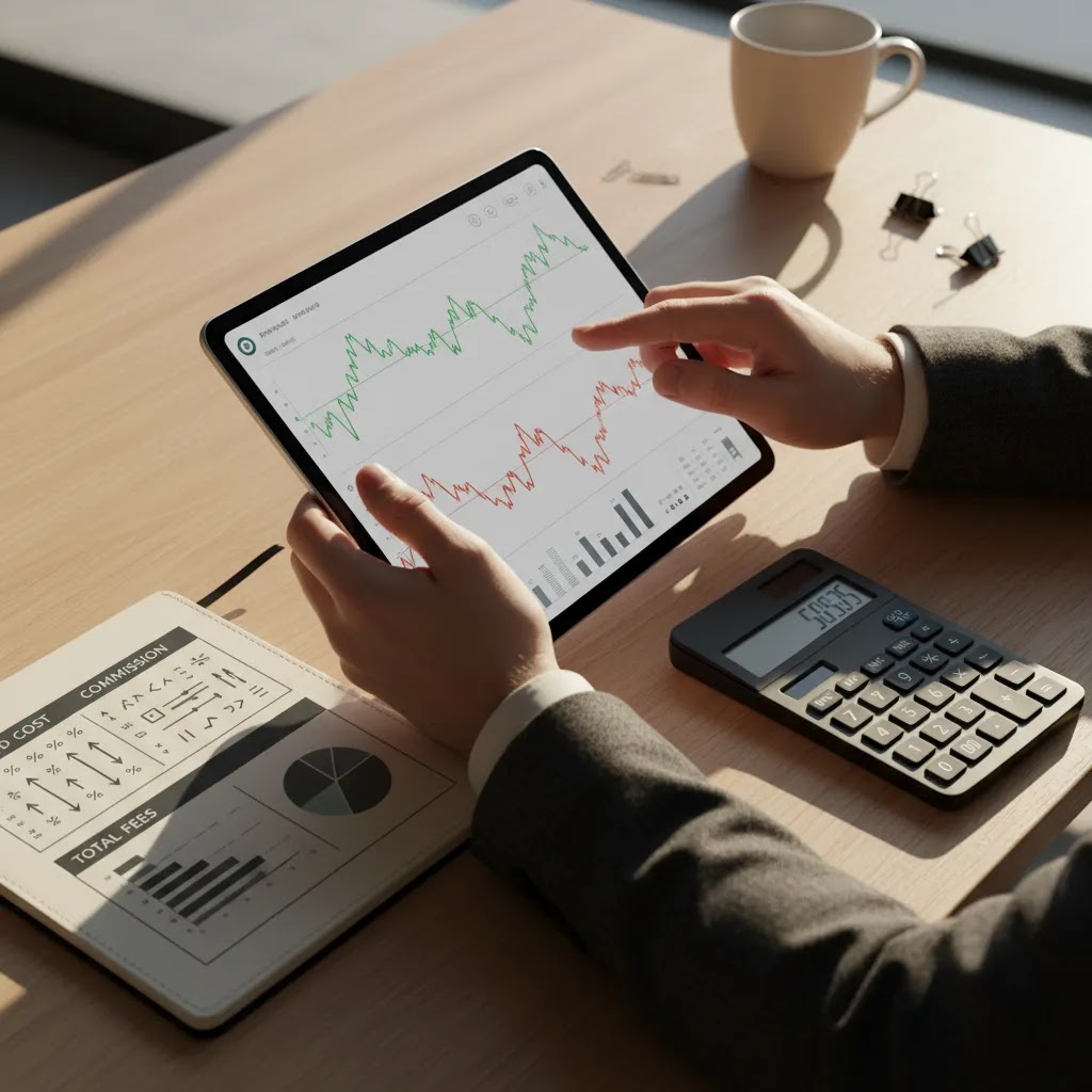 Spread cost and trading fees explained using tablet, calculator, and market analysis workspace