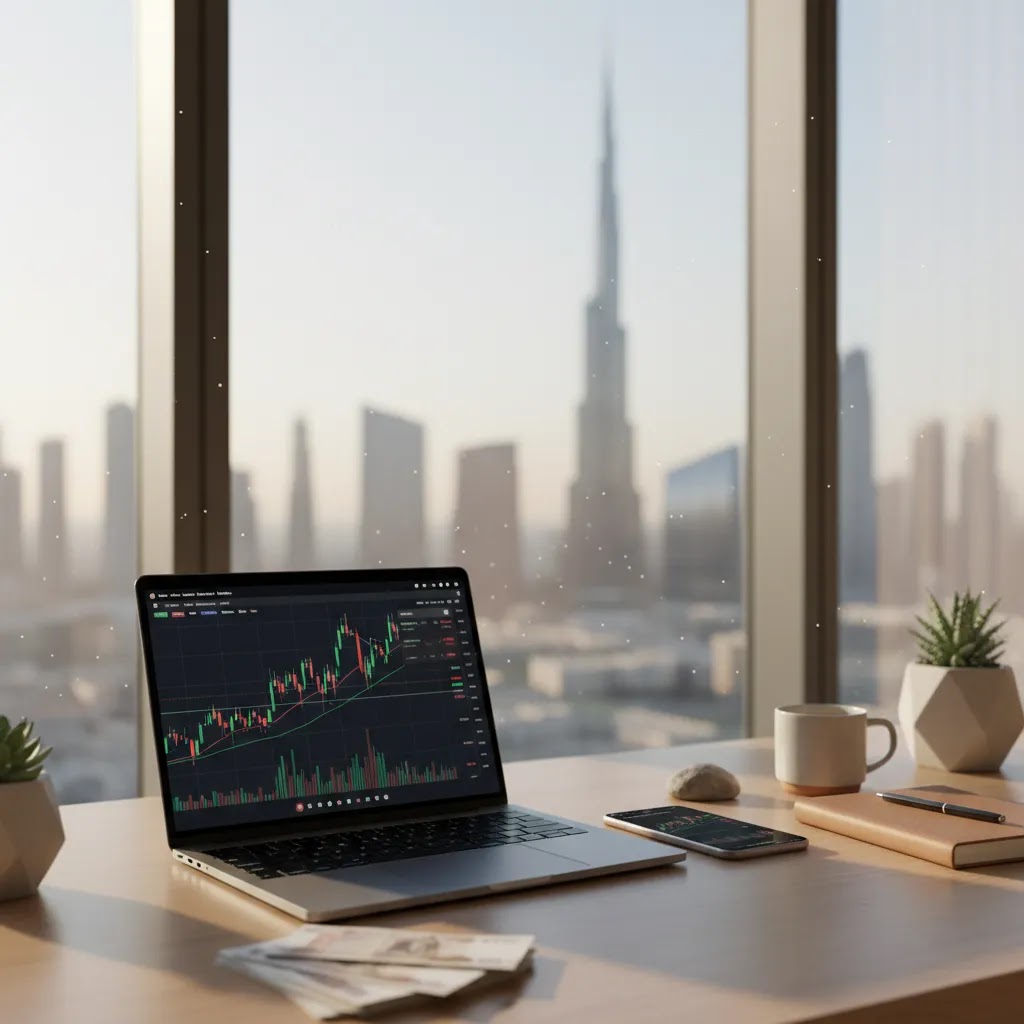 Start trading small capital in the UAE with a modest home trading setup, laptop charts, and AED cash
