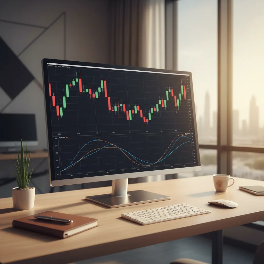 Stochastic oscillator displayed on a professional trading chart workspace for a guide on settings, signals, and strategy